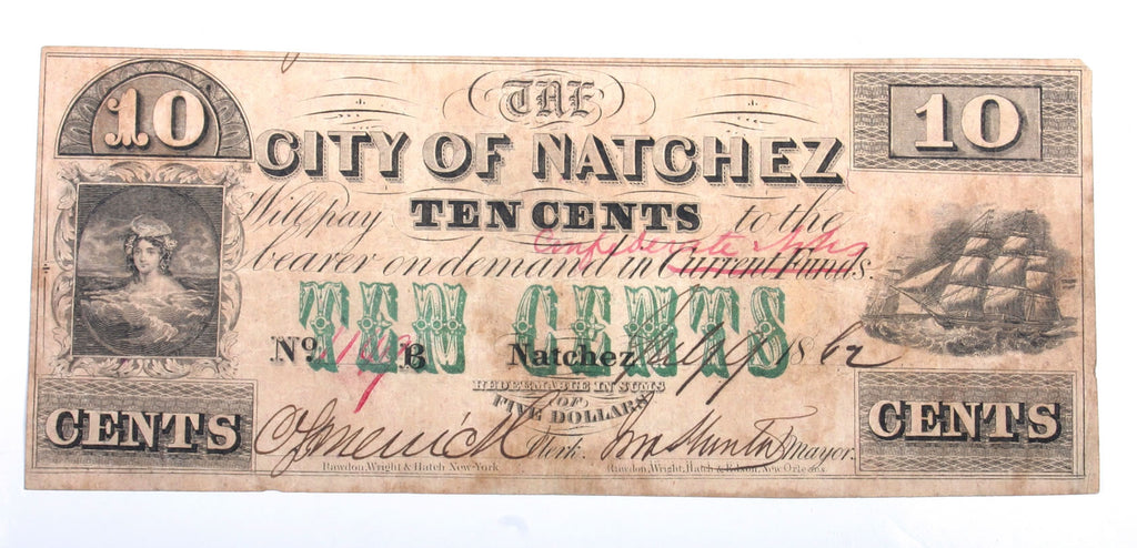 Natchez, Mississippi 10 Cent Note Dated 1862