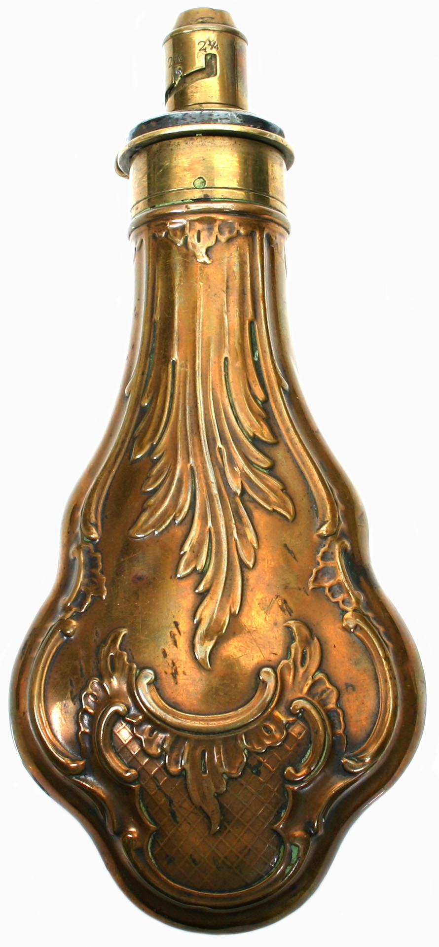 British Hawksley-Sheffield Brass Powder Flask Circa 1850