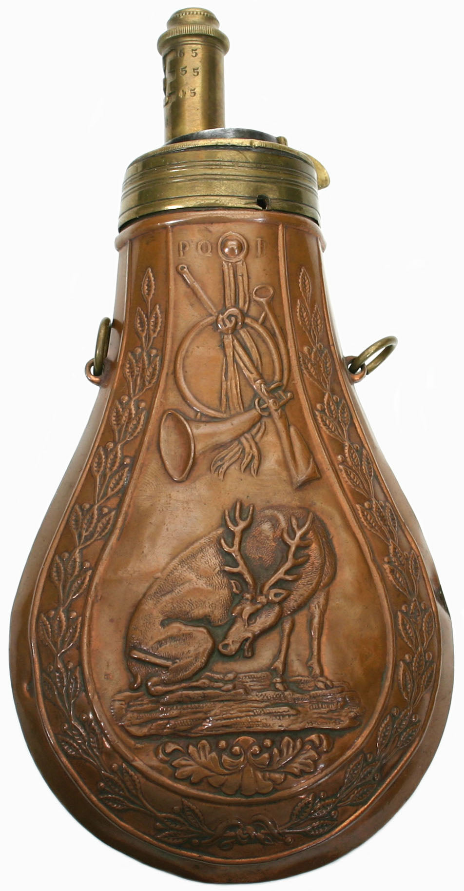 French Brass Powder Flask With Elk Vignette Circa 1850
